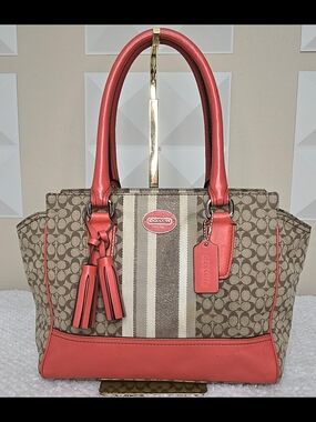 Coach Legacy Signature Stripe Satchel Coral Red Leather Trim Tassel Bag 19815